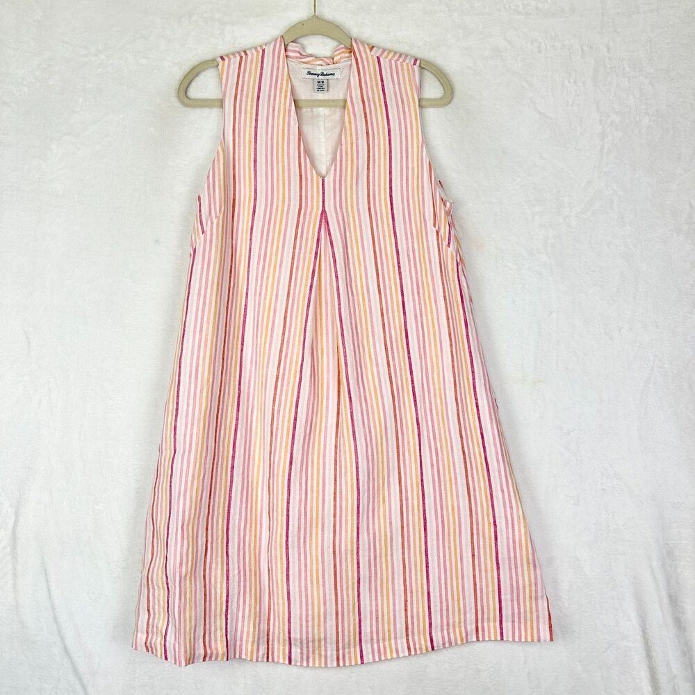 Tommy Bahama Linen Striped Shift Dress Size Medium Sleeveless Lined Beach Vacay